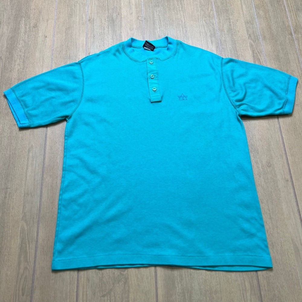 Esquire Henley Shirt Mens Large Teal Blue Vintage 90s Short Sleeve Cotton USA